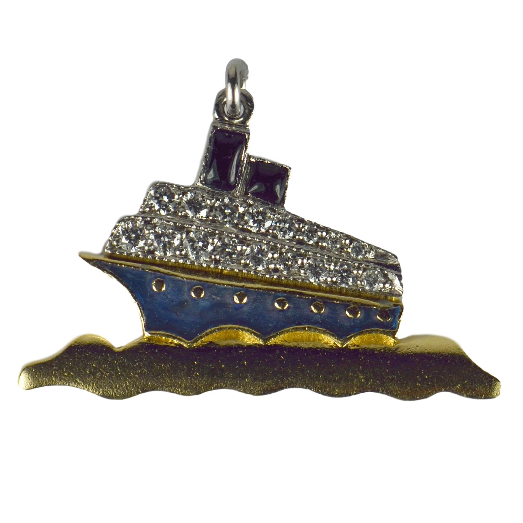 Art Deco Diamond and Enamel Ocean Liner Charm Pendant