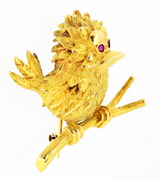 Vintage Boucheron Bird Brooch set with Rubies, 18ct Yellow Gold, c.1950's