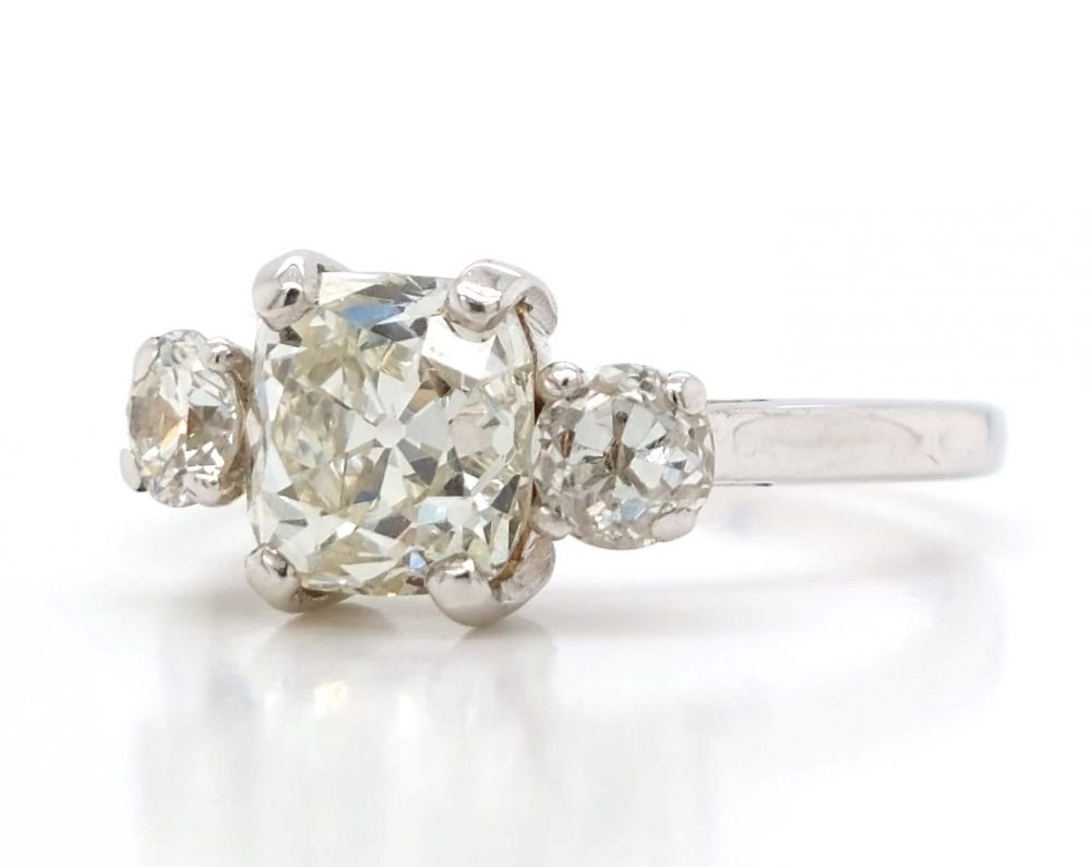 Vintage Cushion Cut Diamond Three Stone Engagement Ring