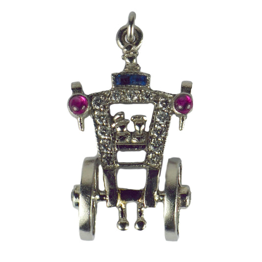 Art Deco Ruby Sapphire Diamond Just Married Carriage Charm Pendant