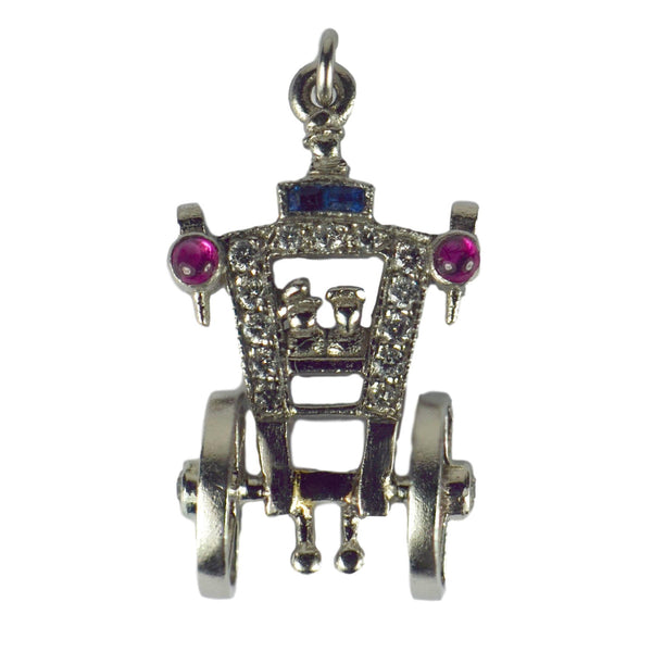 Art Deco Ruby Sapphire Diamond Just Married Carriage Charm Pendant