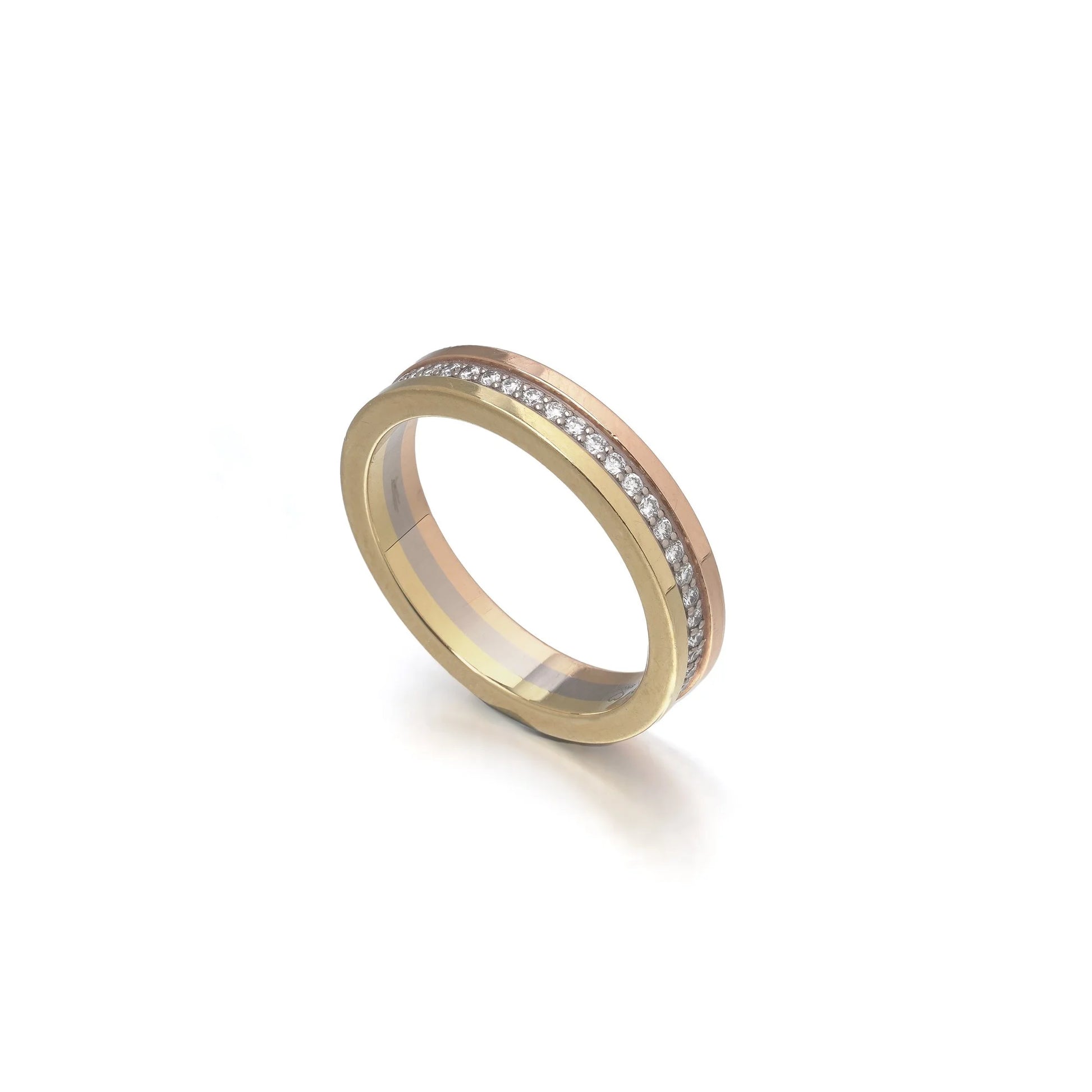 A diamond band in yellow, rose and white gold
