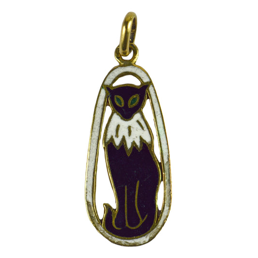 French White and Black Enamel Cat Charm Pendant in 18ct Yellow Gold