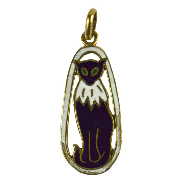 French White and Black Enamel Cat Charm Pendant in 18ct Yellow Gold