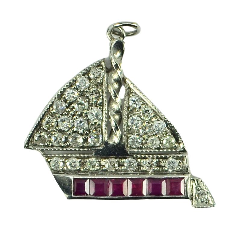 Diamond, Ruby and Platinum Sailing Yacht Boat Charm Pendant