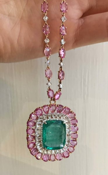 Emerald, Diamond and Pink Sapphire Cluster Necklace, 37.10 carat total