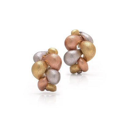 A pair of textured yellow, rose and white gold pebble design earrings