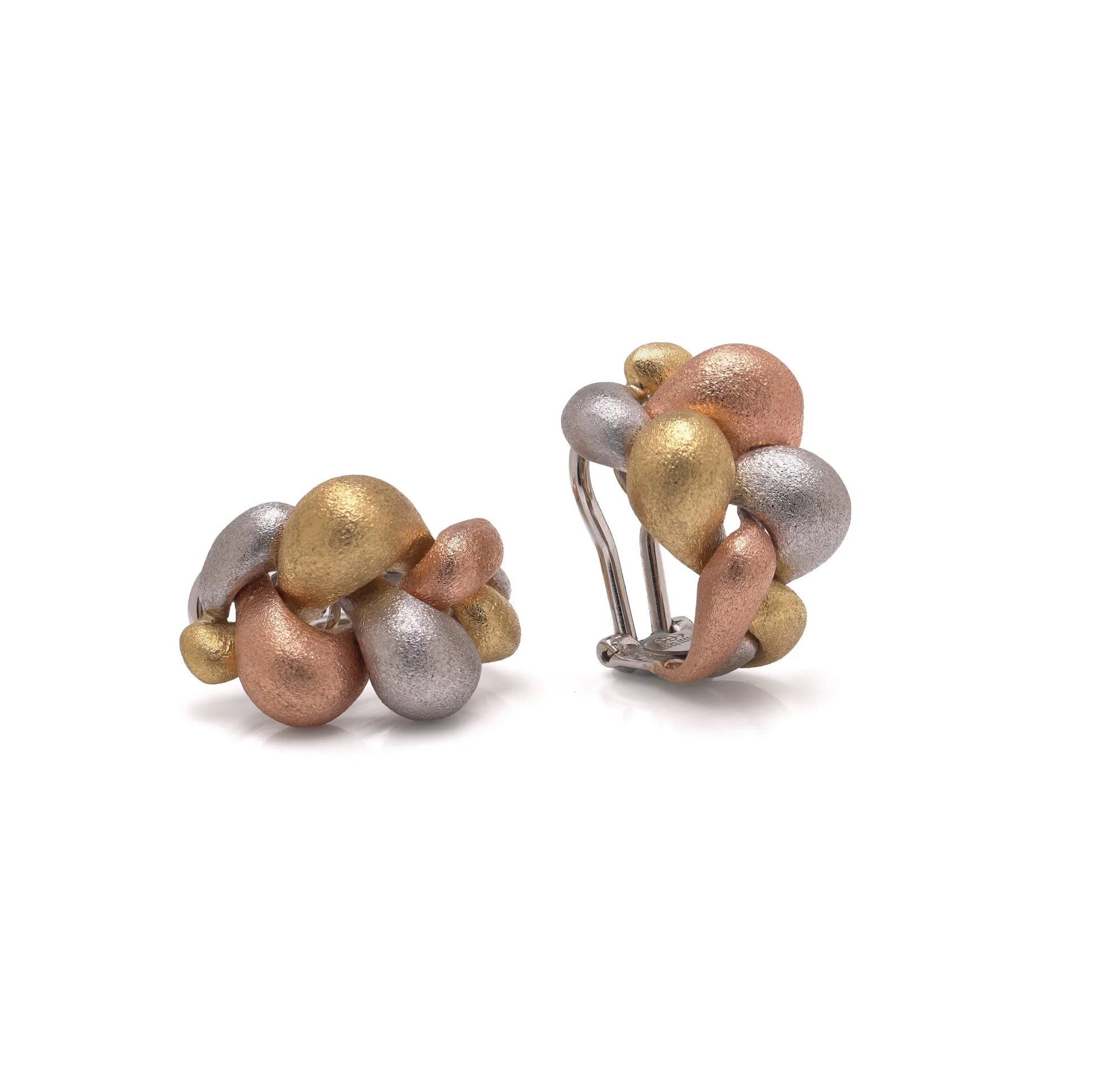 A pair of textured yellow, rose and white gold pebble design earrings, with clip fittings