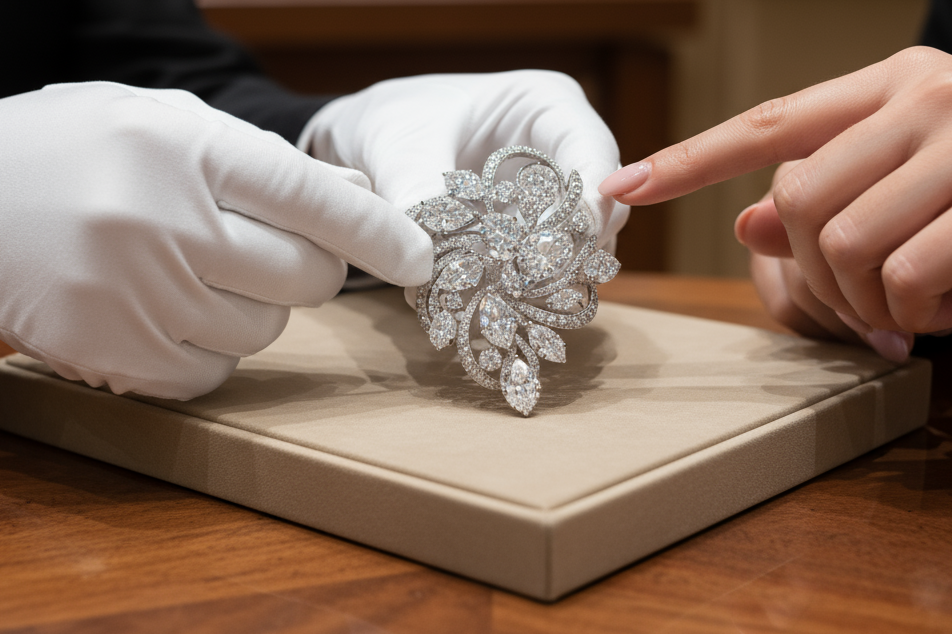 Create an image  examining a piece of jewelry — a  diamond brooch large with white stones. One person, wearing white gloves (likely a jeweler or salesperson), is holding the bracelet delicately. The other person, with neatly manicured nails painted in a pink. The scene takes place over a wooden surface with a beige jewelry tray, suggesting a jewelry store or appraisal setting.