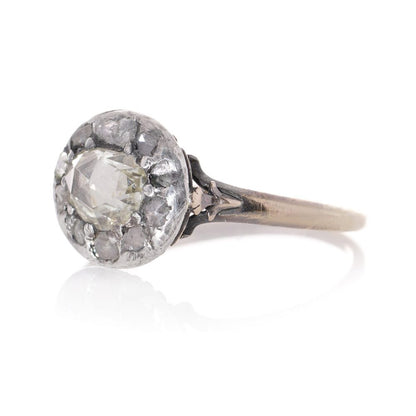 Georgian diamond cluster ring in 18 carat gold and silver.