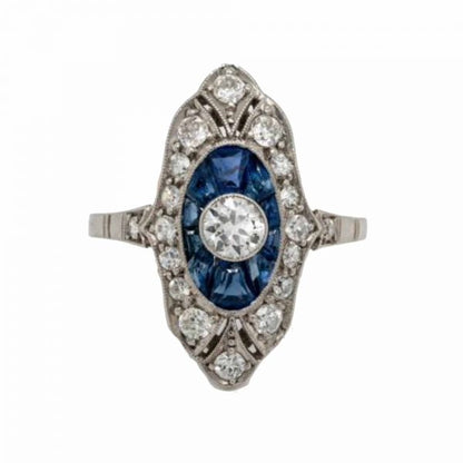 Art Deco sapphire and diamond ring 1920's platinum target panel