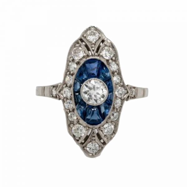 Art Deco sapphire and diamond ring 1920's platinum target panel