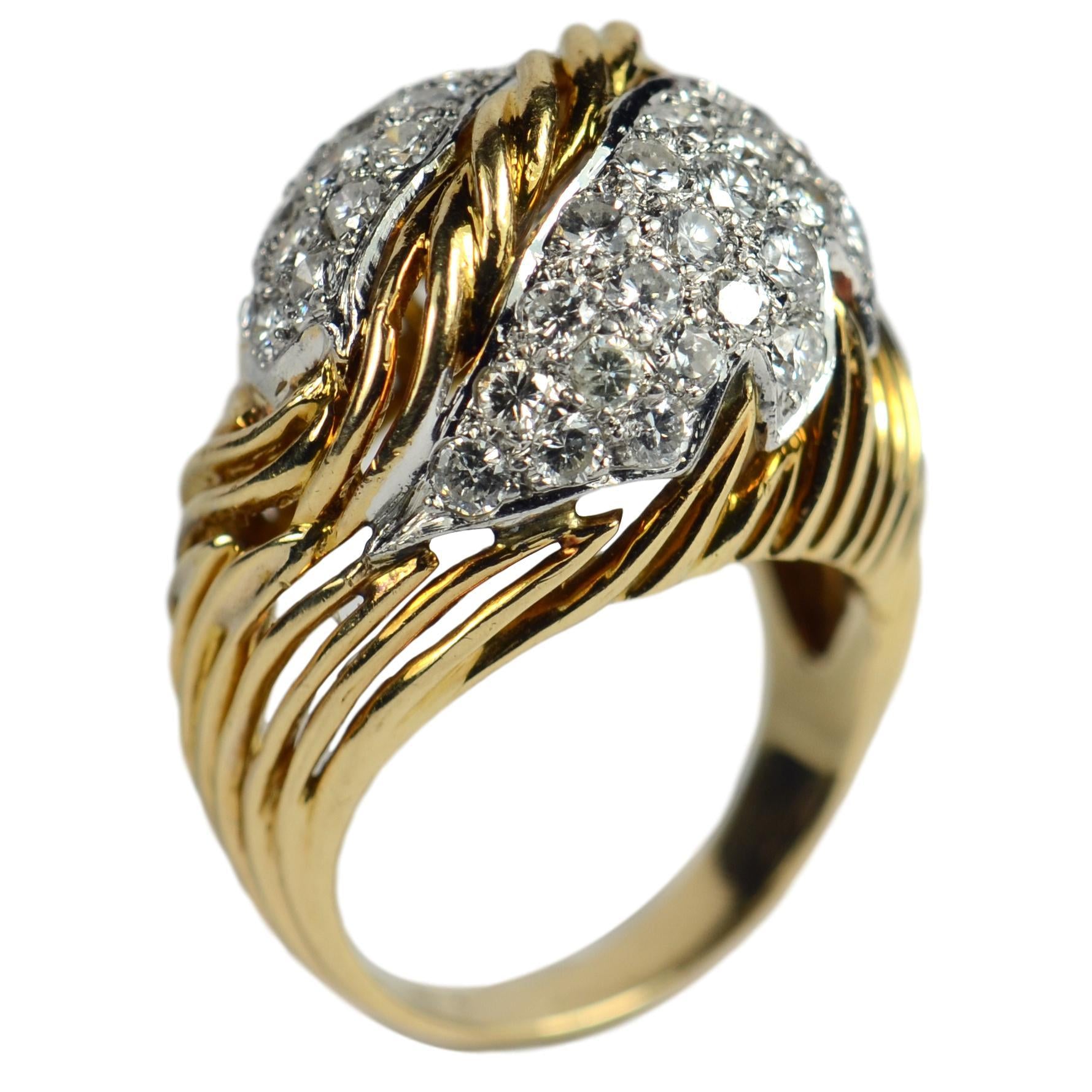 Vintage 1.50ct Diamond Gold Leaf Dome Ring, Circa 1950