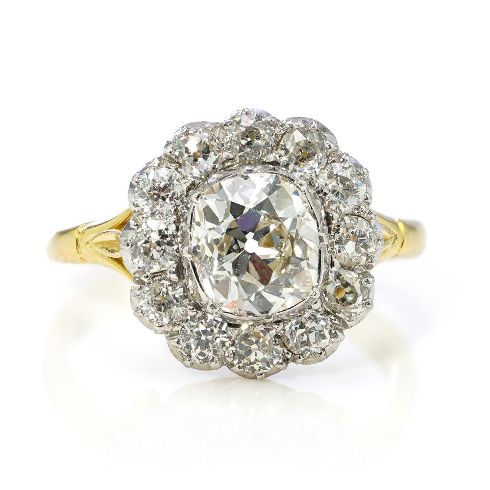 Cushion Cut Diamond Cluster Ring Georgian Style Cut Down Setting