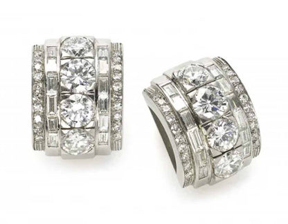 Art Deco diamond hoop earrings, baguette and round diamonds clip on fittings Vintage