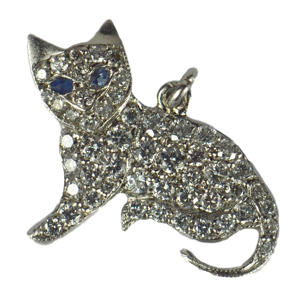 Art Deco 1.30ct Diamond, Sapphire and Platinum Cat Charm Pendant