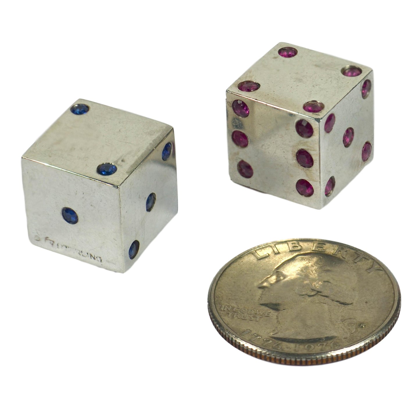 Pair of Vintage French Silver Ruby Sapphire Dice