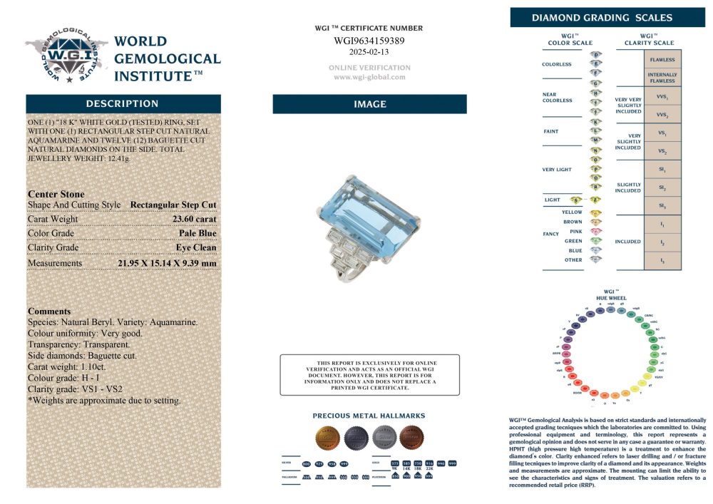 WGI Certified 23.60 Carat Aquamarine And Diamond Ring In White Gold