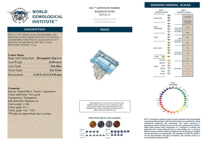 WGI Certified 23.60 Carat Aquamarine And Diamond Ring In White Gold