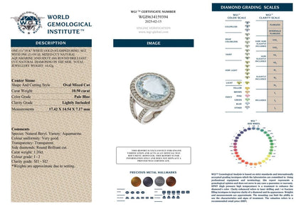 WGI Certified 10.50 Carat Aquamarine And Diamond Cluster Ring In 18 Carat White Gold