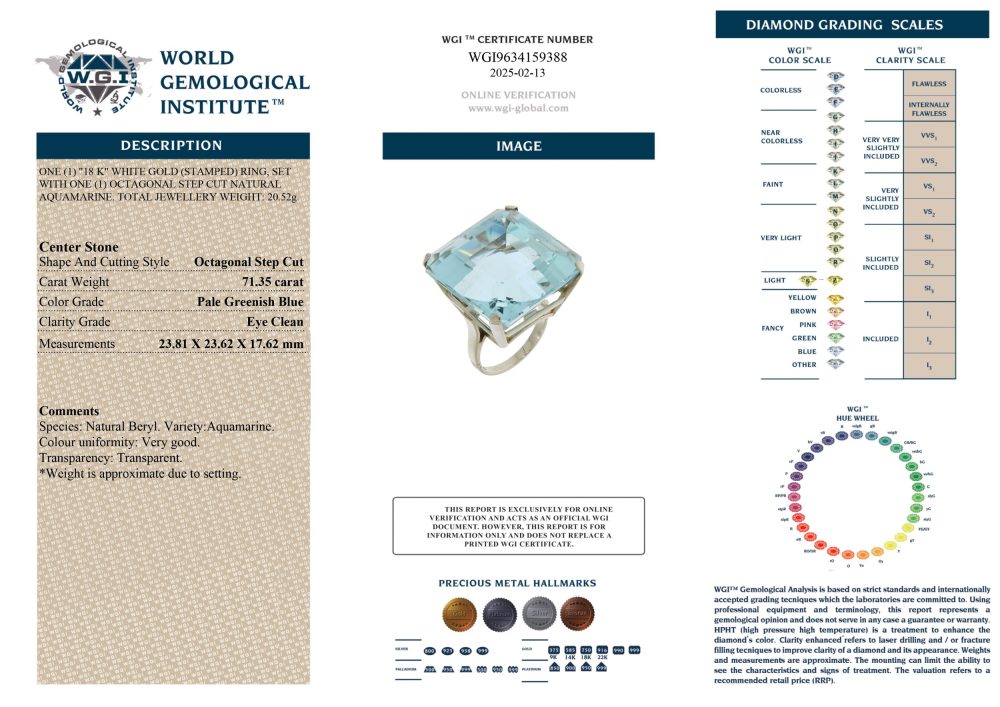 WGI Certified 71.35 Carat Aquamarine Cocktail Ring In 18 Carat White Gold