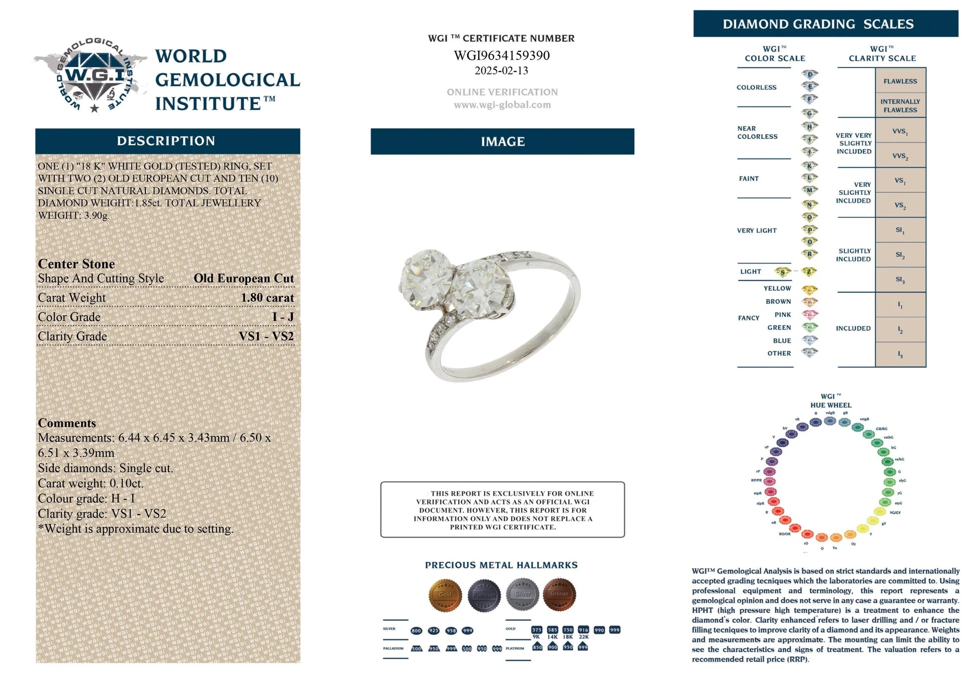 A WGI certificate for a two stone diamond ring