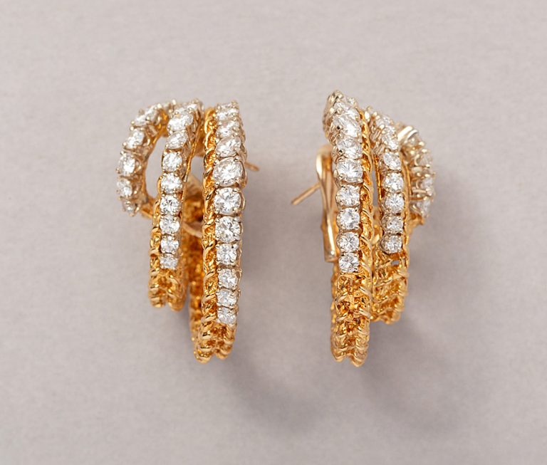 Vintage 18ct yellow gold and diamond triple hoop earrings circa 1973