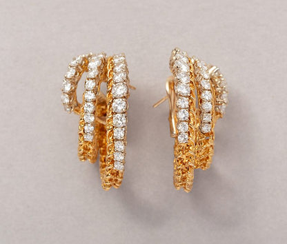 Vintage 18ct yellow gold and diamond triple hoop earrings circa 1973