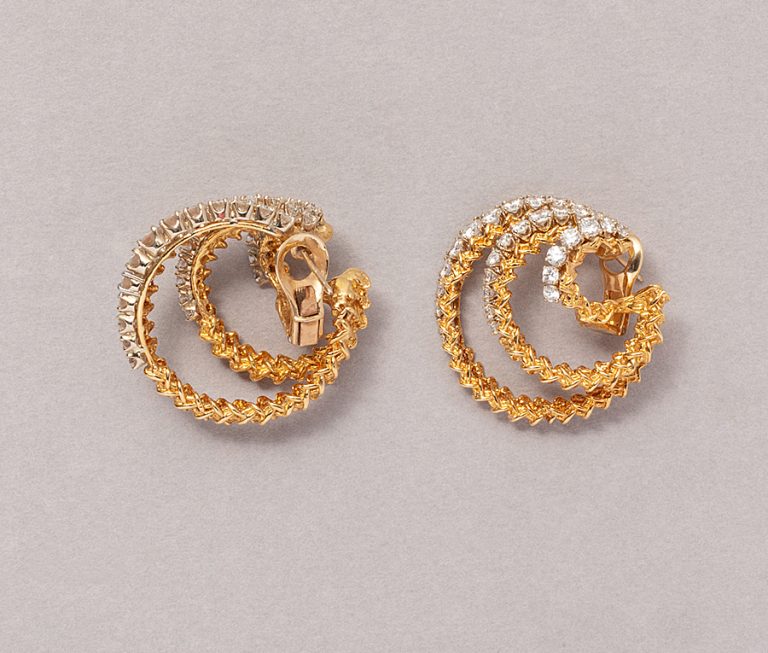 Vintage 18ct yellow gold and diamond triple hoop earrings circa 1973