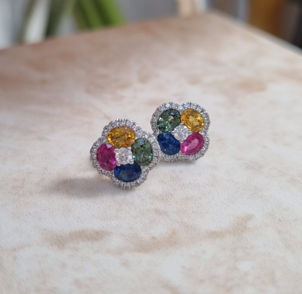 Fancy Sapphire and Diamond Earrings in 18ct White Gold