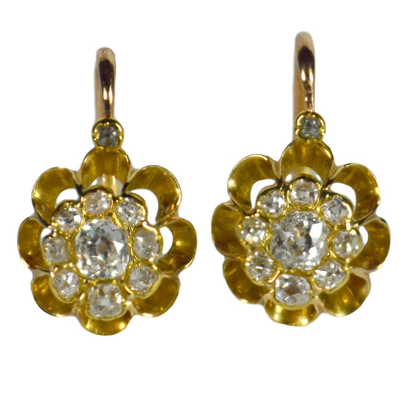 French Dormeuse 1.50ct Diamond Floral Cluster Drop Earrings