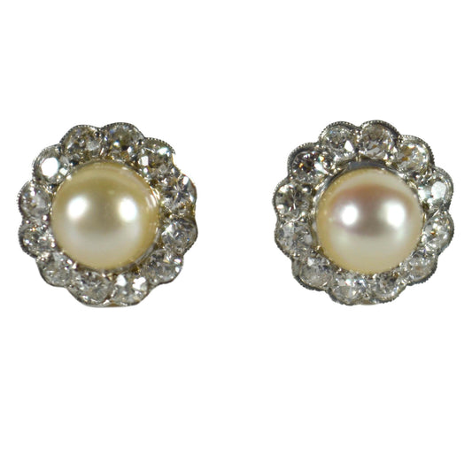 Natural Pearl and 2.40ct Diamond Cluster Stud Earrings