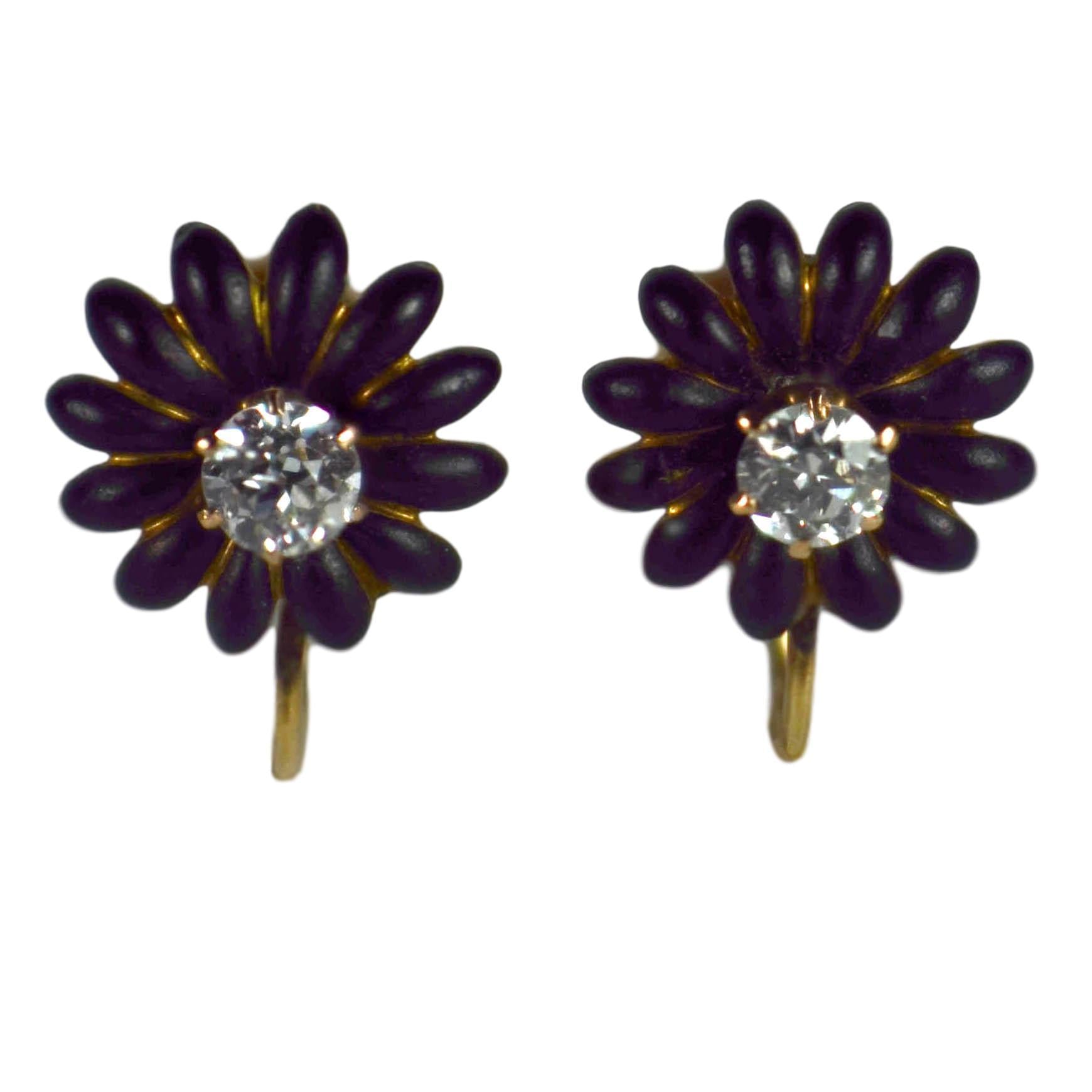 Old Cut Diamond and Enamel Flower Earrings, 0.80 carats