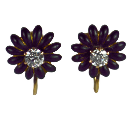 Old Cut Diamond and Enamel Flower Earrings, 0.80 carats