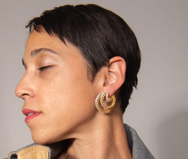 Vintage 18ct yellow gold and diamond triple hoop earrings circa 1973