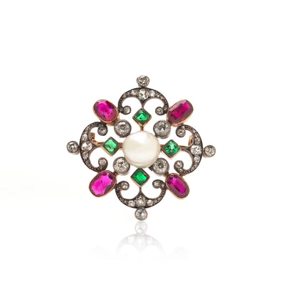 Edwardian Natural Pearl, Ruby, Emerald and Diamond Baroness Issaverdens Brooch