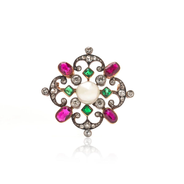 Edwardian Natural Pearl, Ruby, Emerald and Diamond Baroness Issaverdens Brooch