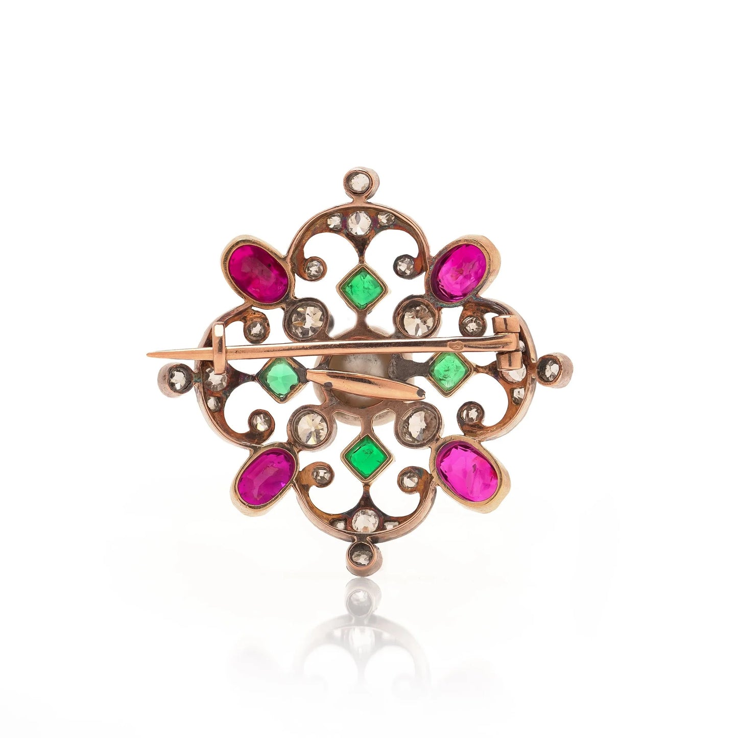 Edwardian Natural Pearl, Ruby, Emerald and Diamond Baroness Issaverdens Brooch