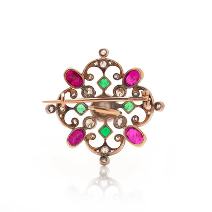Edwardian Natural Pearl, Ruby, Emerald and Diamond Baroness Issaverdens Brooch