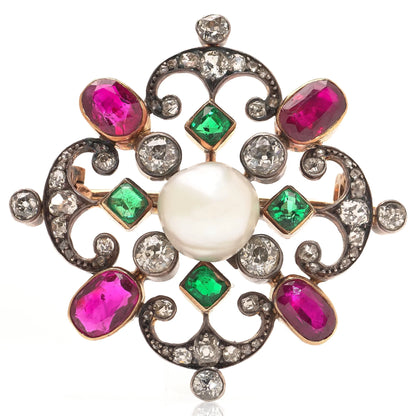 Edwardian Natural Pearl, Ruby, Emerald and Diamond Baroness Issaverdens Brooch