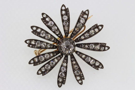 Antique Victorian Old Cut Diamond Flower Brooch Pendant, 1.30 carats