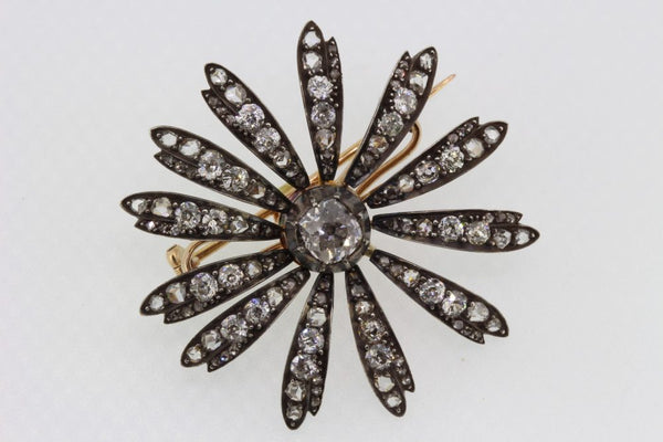 Antique Victorian Old Cut Diamond Flower Brooch Pendant, 1.30 carats