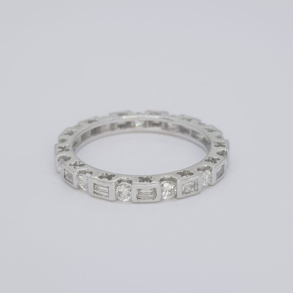 Baguette and Brilliant Cut Diamond Full Eternity Band Ring, 1.01 carat total, in 18ct White Gold, ring size O
