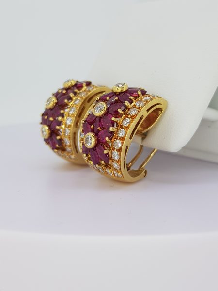 Vintage 1970s Ruby and Diamond Floral Creole Earrings in 18ct Yellow Gold