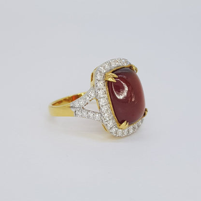Cabochon Garnet and Diamond Cluster Ring in 18ct Yellow Gold