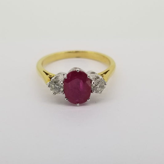 Oval Cut Ruby and Diamond Three Stone Ring in 18ct Yellow Gold
