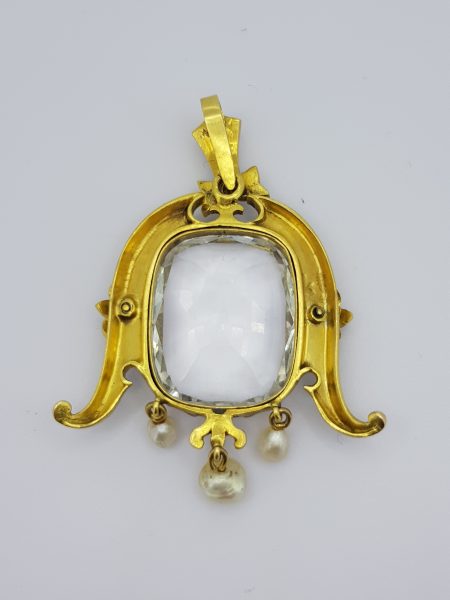 Antique Victorian White Topaz, Pearl, Black Enamel and Gold Pendant, Circa 1880