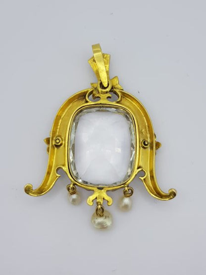 Antique Victorian White Topaz, Pearl, Black Enamel and Gold Pendant, Circa 1880