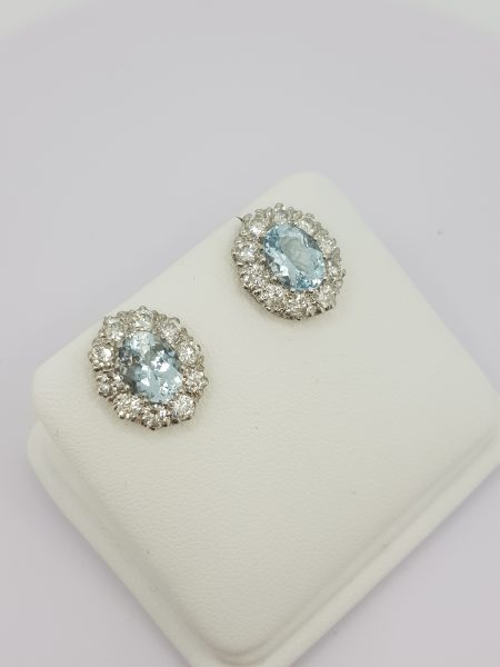 Aquamarine and Diamond Oval Cluster Stud Earrings, 2.50 carats