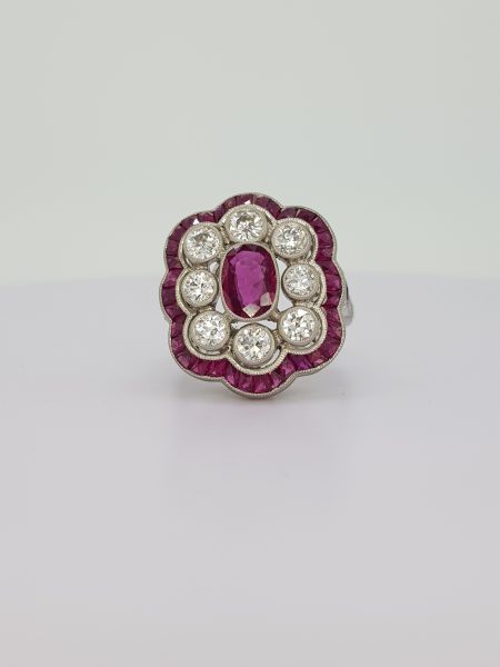 Art Deco Style Ruby and Diamond Floral Cluster Ring in Platinum, 1.62 carats